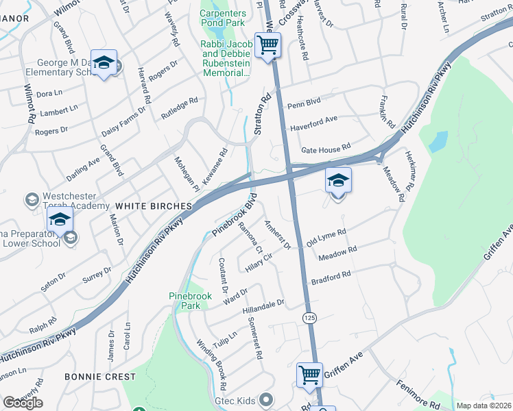 map of restaurants, bars, coffee shops, grocery stores, and more near 99 Amherst Drive in New Rochelle
