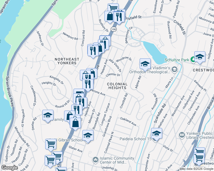map of restaurants, bars, coffee shops, grocery stores, and more near 253 Rosedale Road in Yonkers