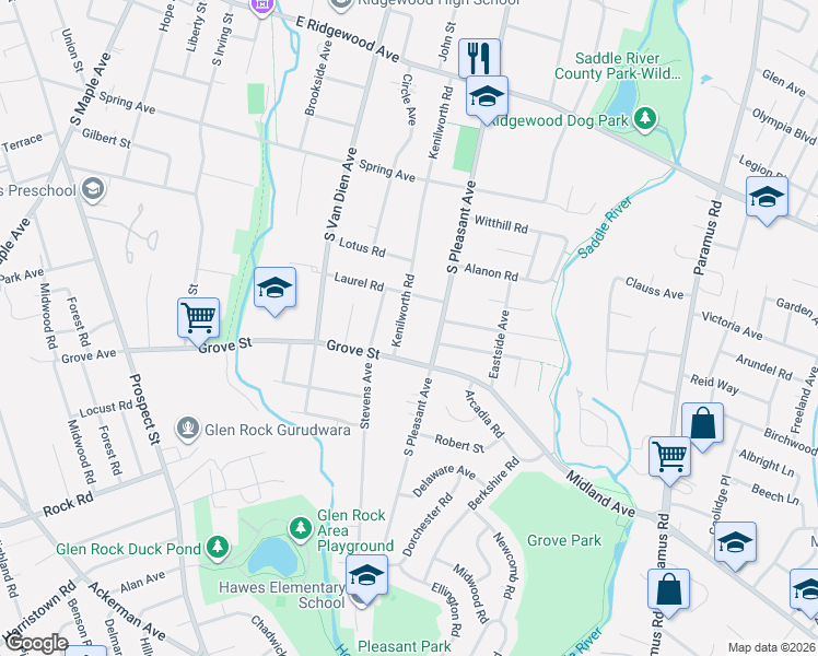 map of restaurants, bars, coffee shops, grocery stores, and more near 321 Kenilworth Road in Ridgewood
