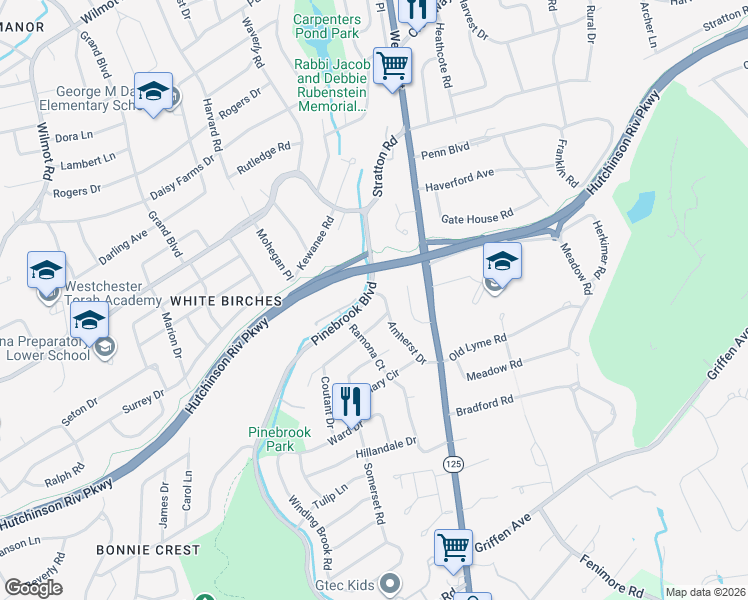 map of restaurants, bars, coffee shops, grocery stores, and more near 99 Amherst Drive in New Rochelle