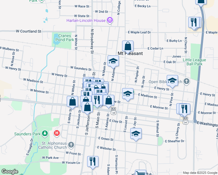 map of restaurants, bars, coffee shops, grocery stores, and more near 200-258 N Main St in Mt Pleasant