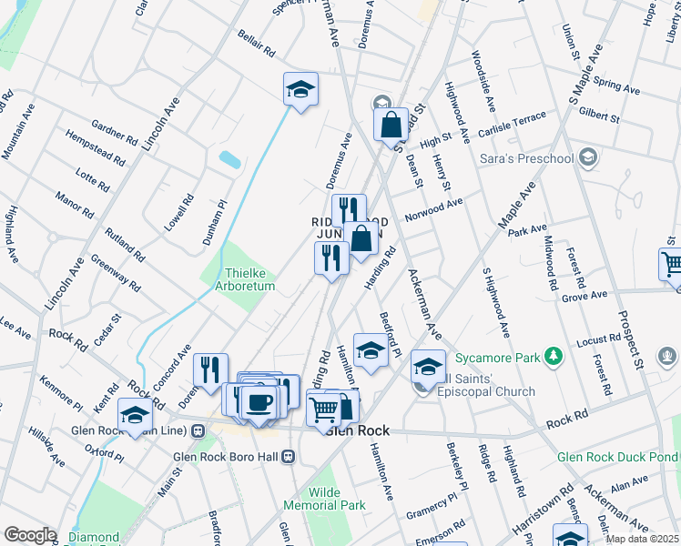 map of restaurants, bars, coffee shops, grocery stores, and more near 566 South Broad Street in Glen Rock