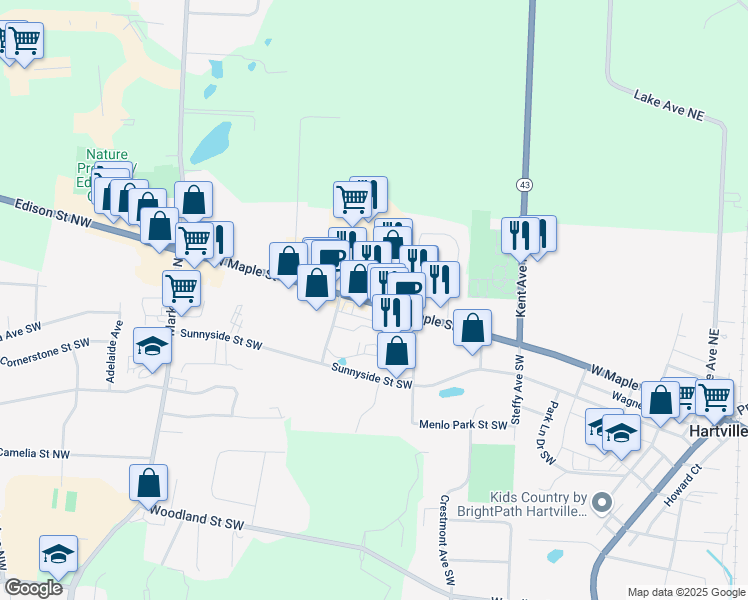 map of restaurants, bars, coffee shops, grocery stores, and more near 907 West Maple Street in Hartville