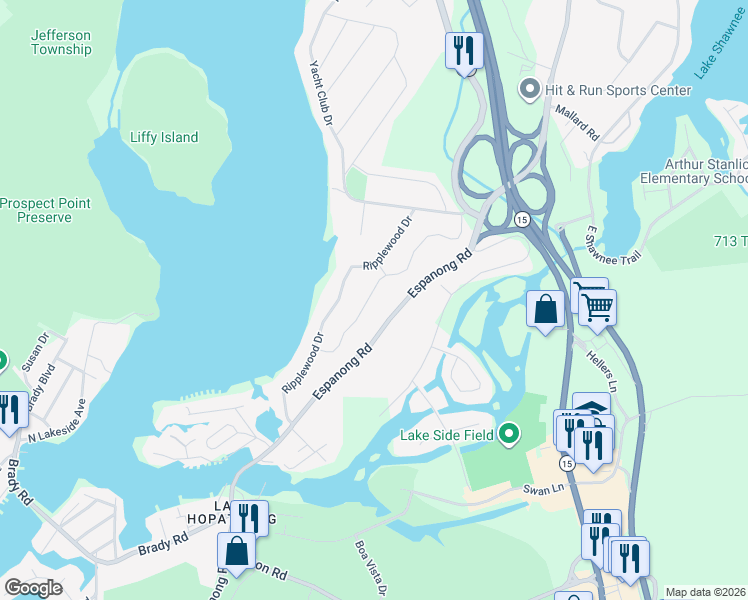 map of restaurants, bars, coffee shops, grocery stores, and more near 30 Woodlawn Terrace in Jefferson