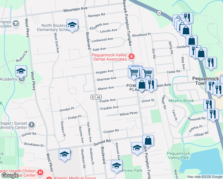 map of restaurants, bars, coffee shops, grocery stores, and more near 33 Manor Avenue in Pequannock Township