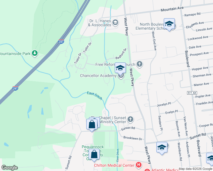 map of restaurants, bars, coffee shops, grocery stores, and more near 2305 Wendover Drive in Pequannock Township