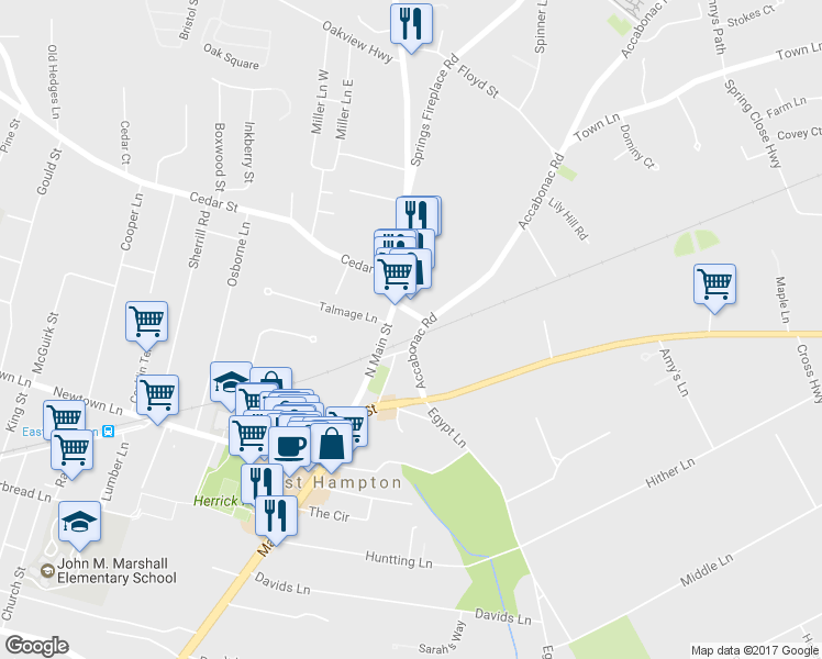 map of restaurants, bars, coffee shops, grocery stores, and more near 29 Accabonac Rd in East Hampton