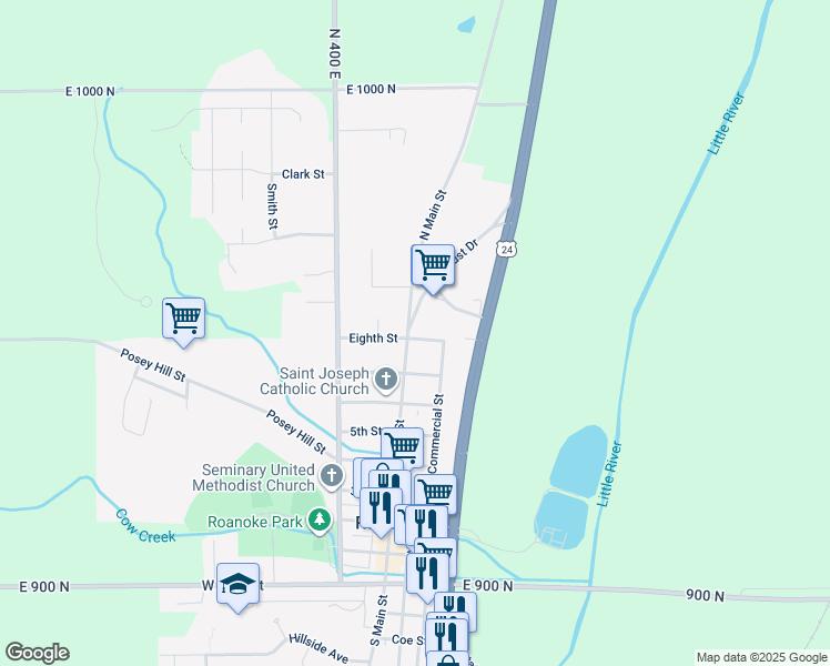 map of restaurants, bars, coffee shops, grocery stores, and more near 844 Locust Drive in Roanoke