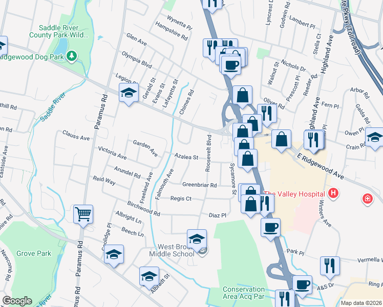 map of restaurants, bars, coffee shops, grocery stores, and more near 99 Azalea Street in Paramus