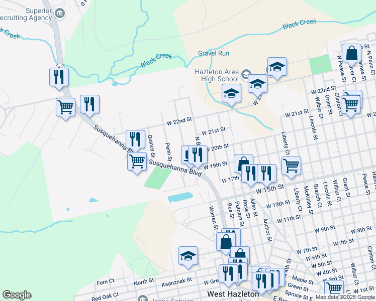 map of restaurants, bars, coffee shops, grocery stores, and more near 625 Harvey Street in West Hazleton