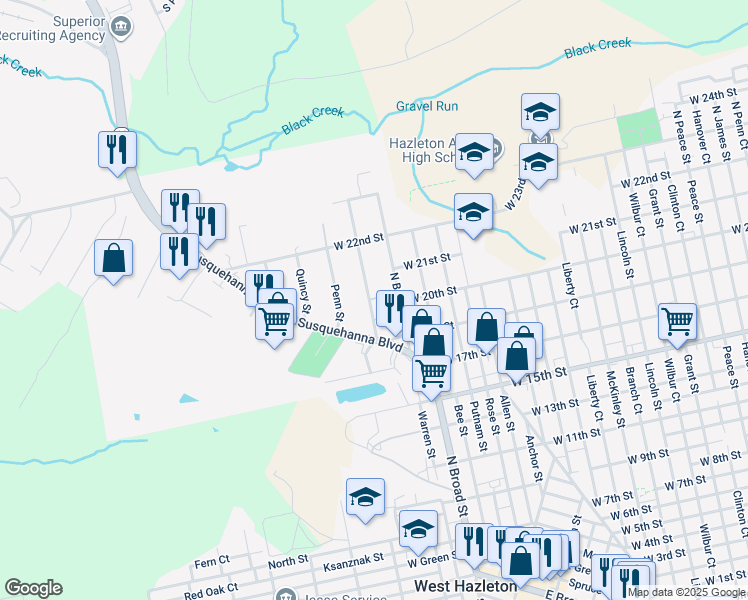 map of restaurants, bars, coffee shops, grocery stores, and more near 625 Harvey Street in West Hazleton