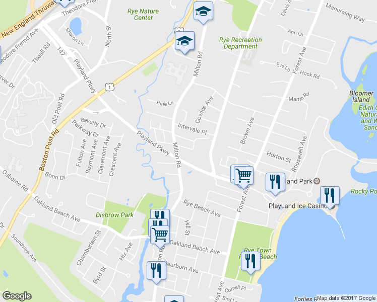 map of restaurants, bars, coffee shops, grocery stores, and more near 10 Fernwood Avenue in Rye