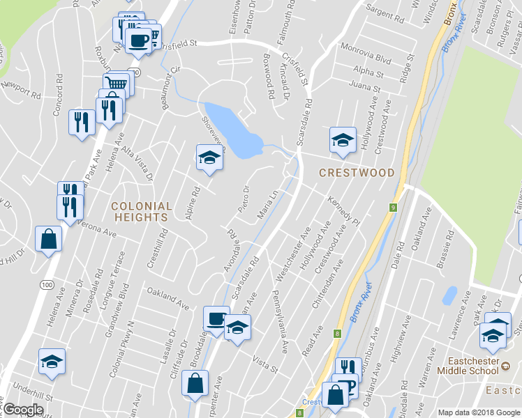 map of restaurants, bars, coffee shops, grocery stores, and more near 63 Maria Lane in Yonkers