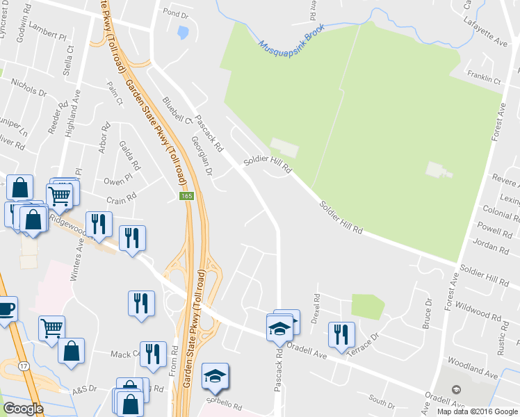 map of restaurants, bars, coffee shops, grocery stores, and more near 195 Paul Court in Paramus