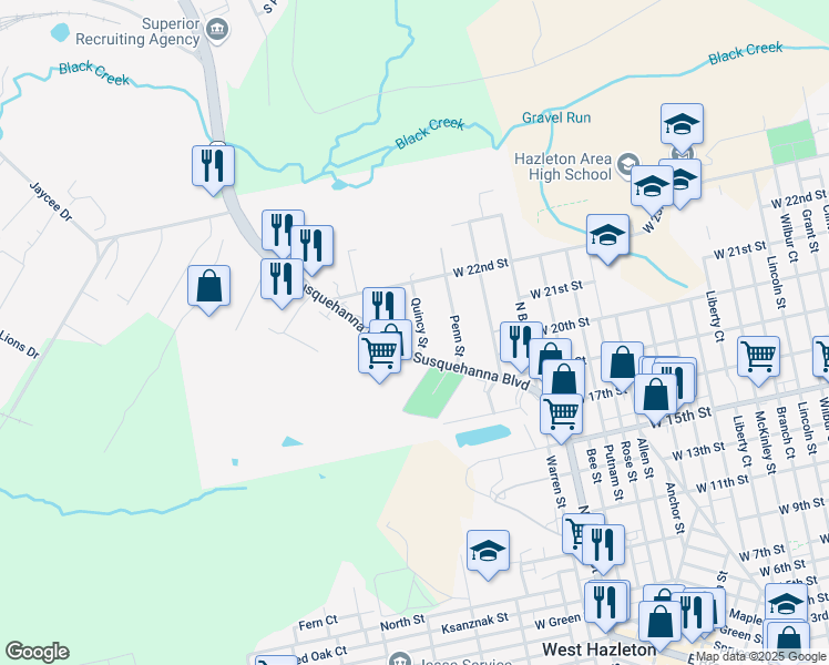 map of restaurants, bars, coffee shops, grocery stores, and more near 654 Quincy St in West Hazleton