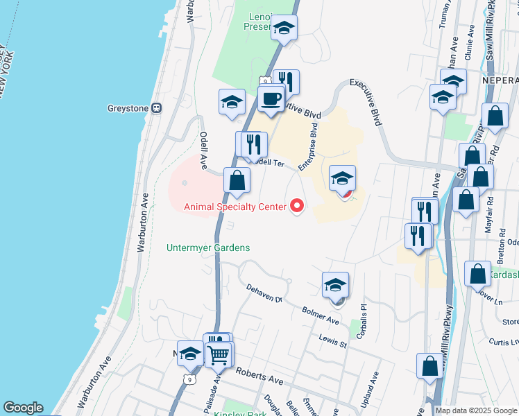 map of restaurants, bars, coffee shops, grocery stores, and more near 7 Odell Plaza in Yonkers