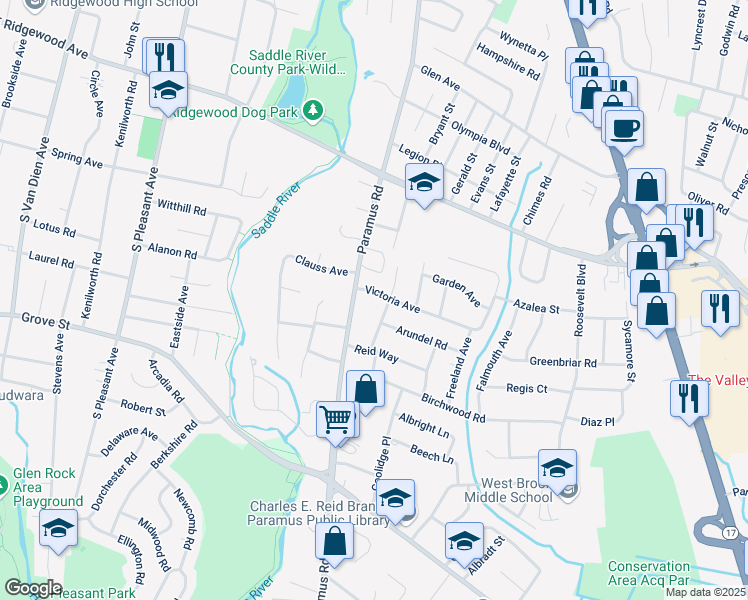 map of restaurants, bars, coffee shops, grocery stores, and more near 190 Victoria Avenue in Paramus