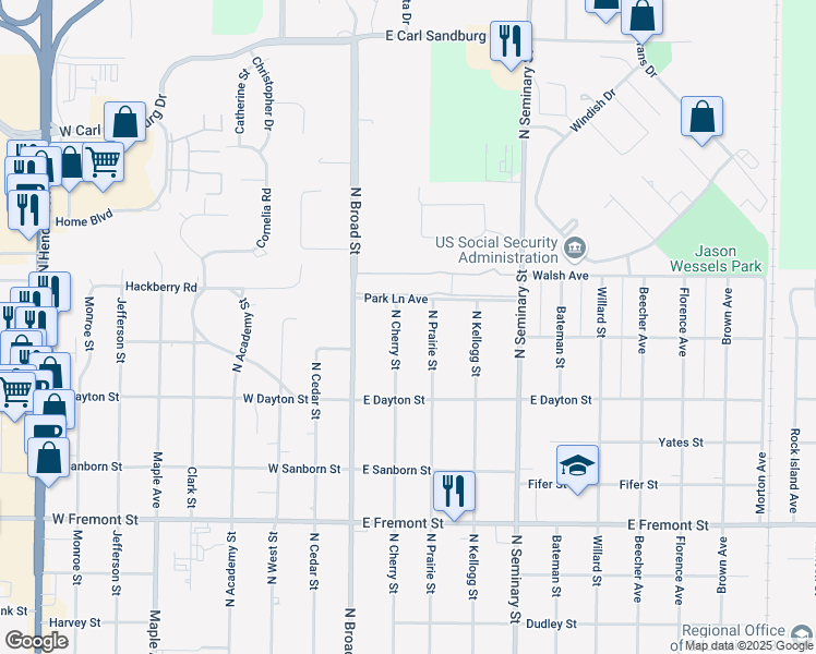 map of restaurants, bars, coffee shops, grocery stores, and more near 1681 North Cherry Street in Galesburg