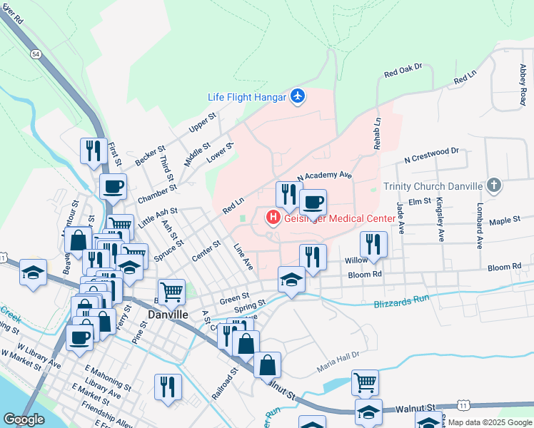 map of restaurants, bars, coffee shops, grocery stores, and more near 100 North Academy Avenue in Danville