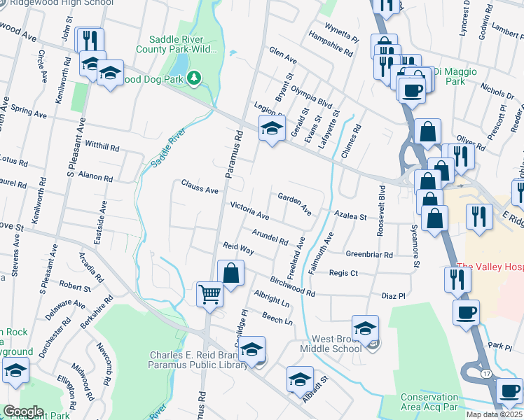 map of restaurants, bars, coffee shops, grocery stores, and more near 640 Stony Lane in Paramus