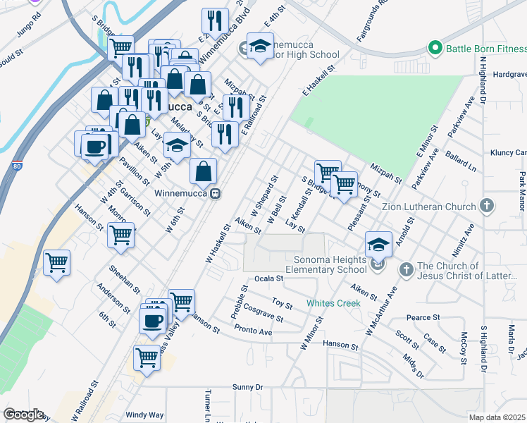 map of restaurants, bars, coffee shops, grocery stores, and more near 136 West Bell Street in Winnemucca