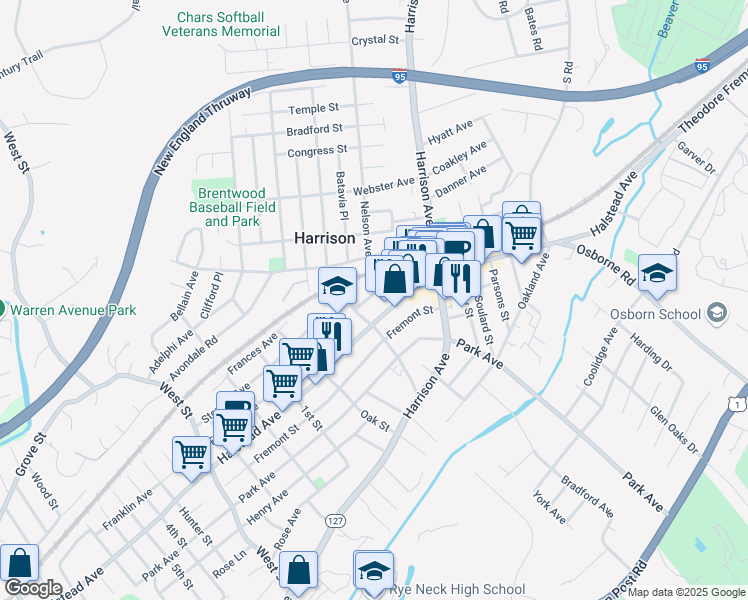map of restaurants, bars, coffee shops, grocery stores, and more near 10 King Street in Harrison