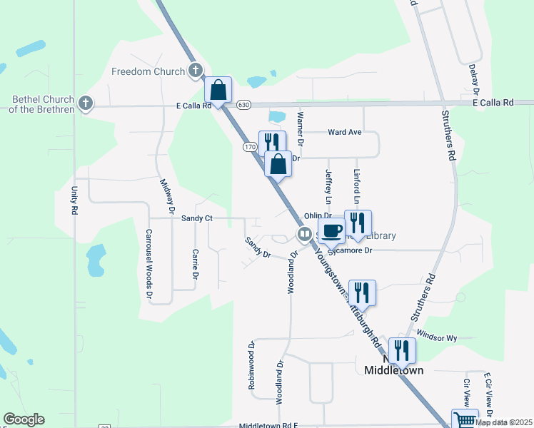 map of restaurants, bars, coffee shops, grocery stores, and more near 33 Sandy Court in New Middletown