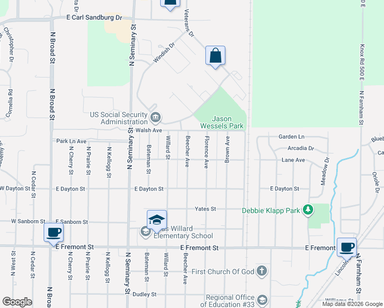 map of restaurants, bars, coffee shops, grocery stores, and more near 601-699 Lane Ave in Galesburg