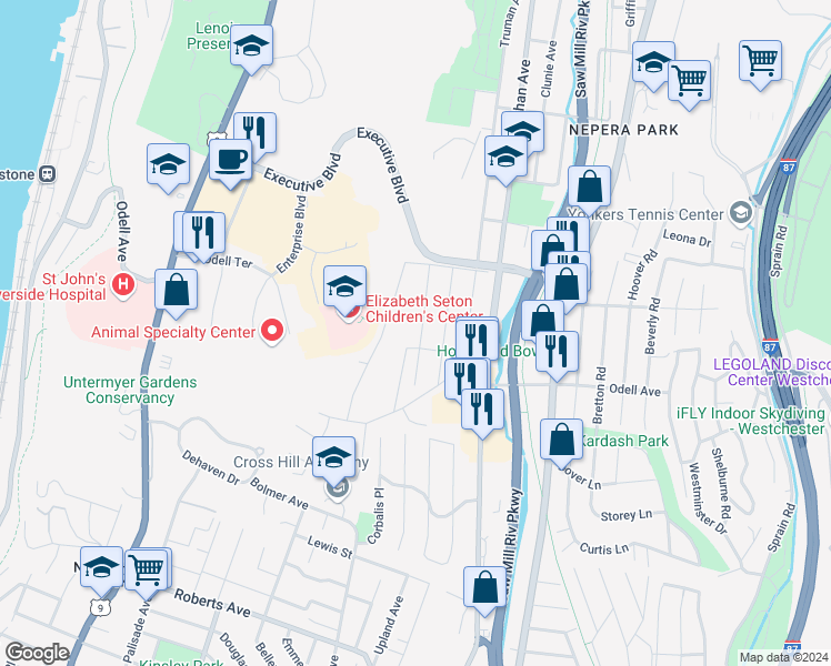 map of restaurants, bars, coffee shops, grocery stores, and more near 53 Pomona Avenue in Yonkers