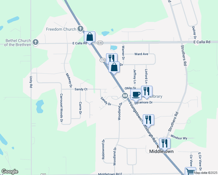 map of restaurants, bars, coffee shops, grocery stores, and more near 33 Sandy Court in New Middletown
