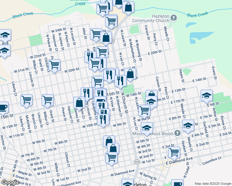 map of restaurants, bars, coffee shops, grocery stores, and more near Pennsylvania 924 in Hazleton