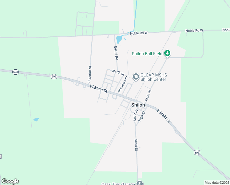map of restaurants, bars, coffee shops, grocery stores, and more near 38 East Main Street in Shiloh