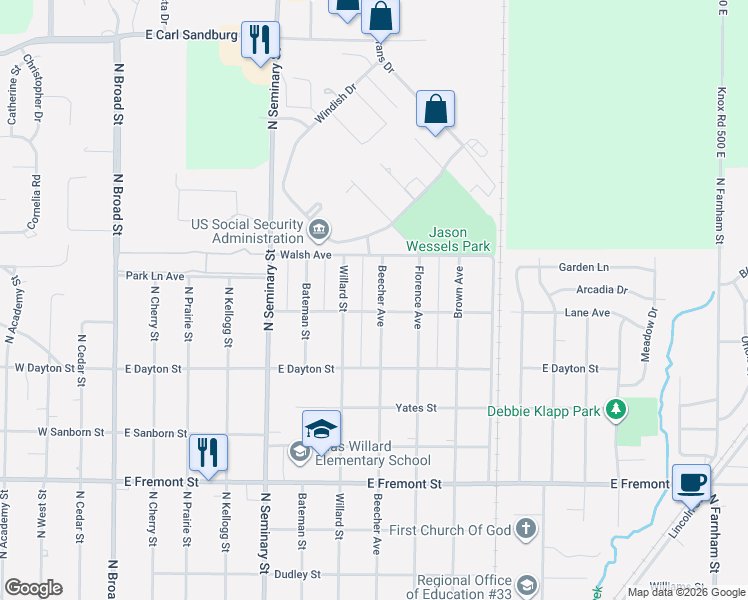 map of restaurants, bars, coffee shops, grocery stores, and more near 501-599 Lane Avenue in Galesburg