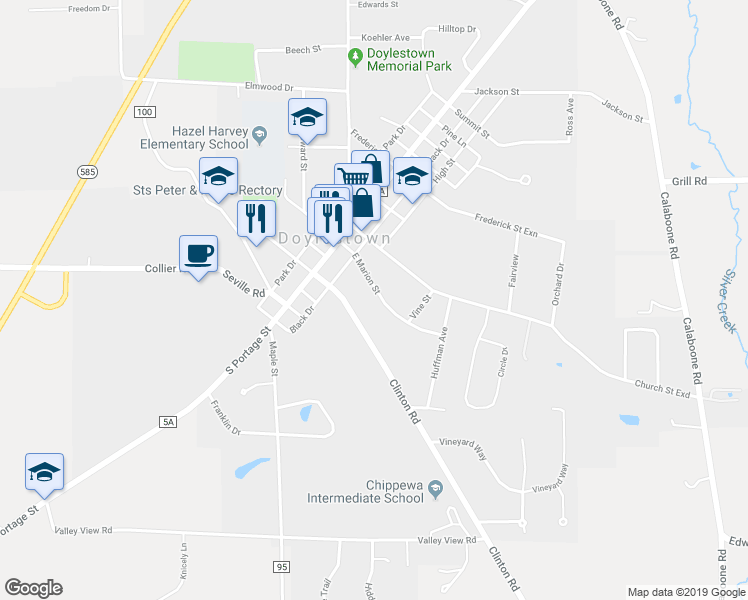 map of restaurants, bars, coffee shops, grocery stores, and more near 160 East Marion Street in Doylestown