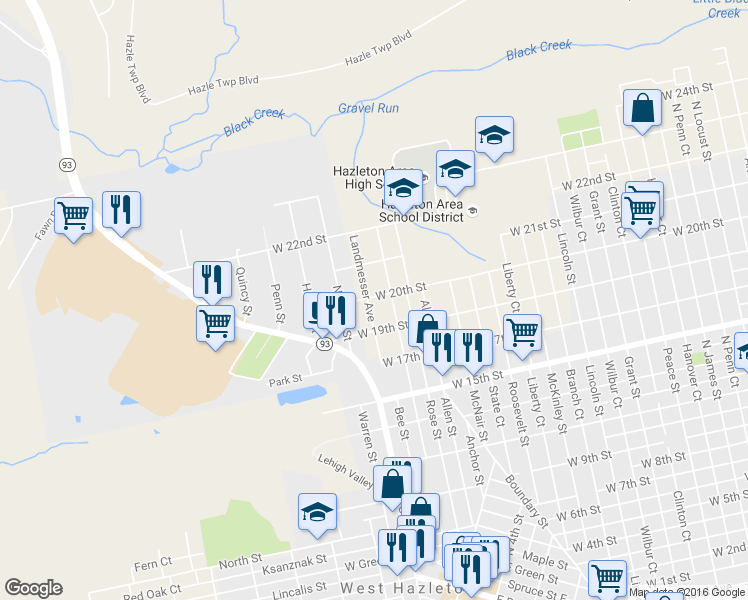 map of restaurants, bars, coffee shops, grocery stores, and more near 624 Landmesser Avenue in Hazleton