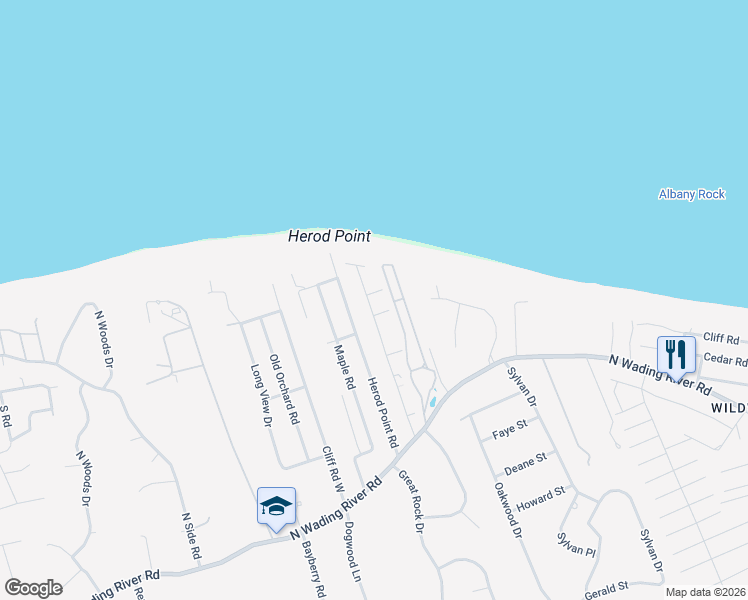 map of restaurants, bars, coffee shops, grocery stores, and more near 122 Beach Rd in Wading River