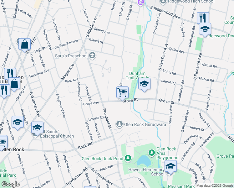 map of restaurants, bars, coffee shops, grocery stores, and more near 372 South Irving Street in Ridgewood