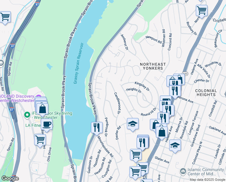 map of restaurants, bars, coffee shops, grocery stores, and more near 119 Candlewood Drive in Yonkers