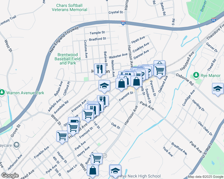 map of restaurants, bars, coffee shops, grocery stores, and more near 10 King Street in Harrison