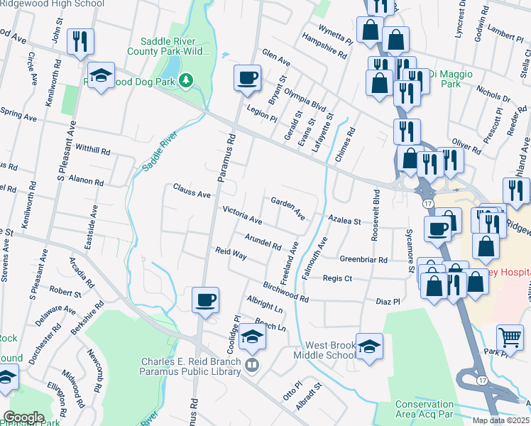 map of restaurants, bars, coffee shops, grocery stores, and more near 640 Stony Lane in Paramus