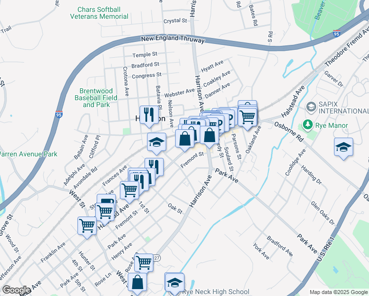 map of restaurants, bars, coffee shops, grocery stores, and more near 244 Halstead Avenue in Harrison