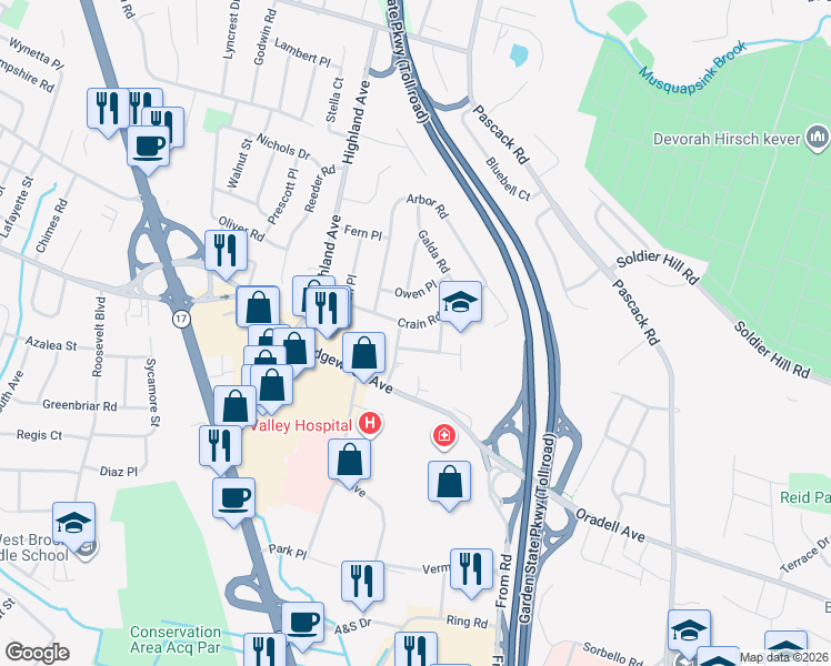 map of restaurants, bars, coffee shops, grocery stores, and more near 108 Crain Road in Paramus