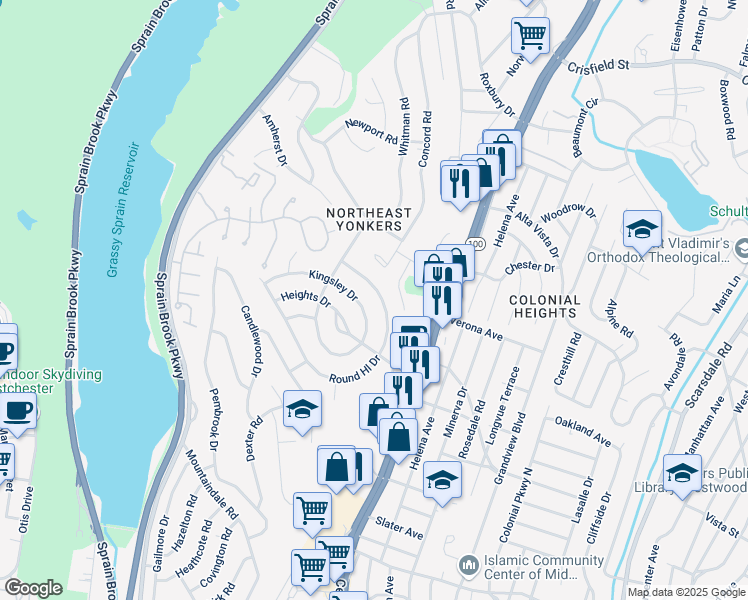map of restaurants, bars, coffee shops, grocery stores, and more near 42 Roundhill Drive in Yonkers