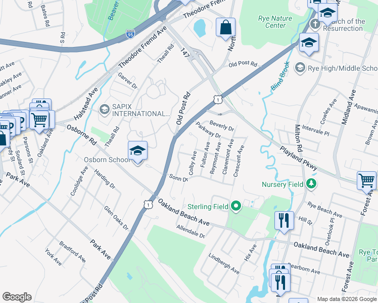 map of restaurants, bars, coffee shops, grocery stores, and more near 5 Fraydun Place in Rye