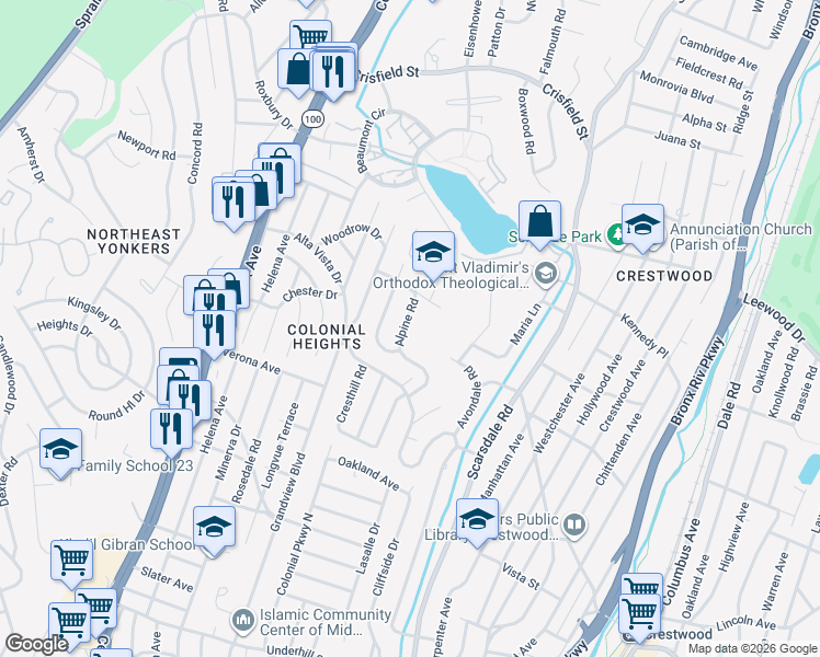 map of restaurants, bars, coffee shops, grocery stores, and more near 88 Alpine Road in Yonkers