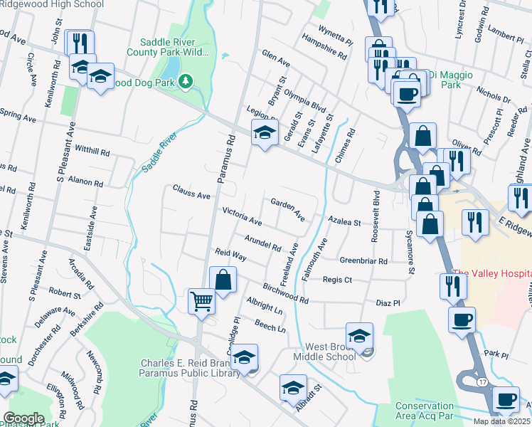 map of restaurants, bars, coffee shops, grocery stores, and more near 640 Stony Lane in Paramus
