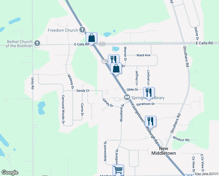 map of restaurants, bars, coffee shops, grocery stores, and more near 33 Sandy Court in New Middletown
