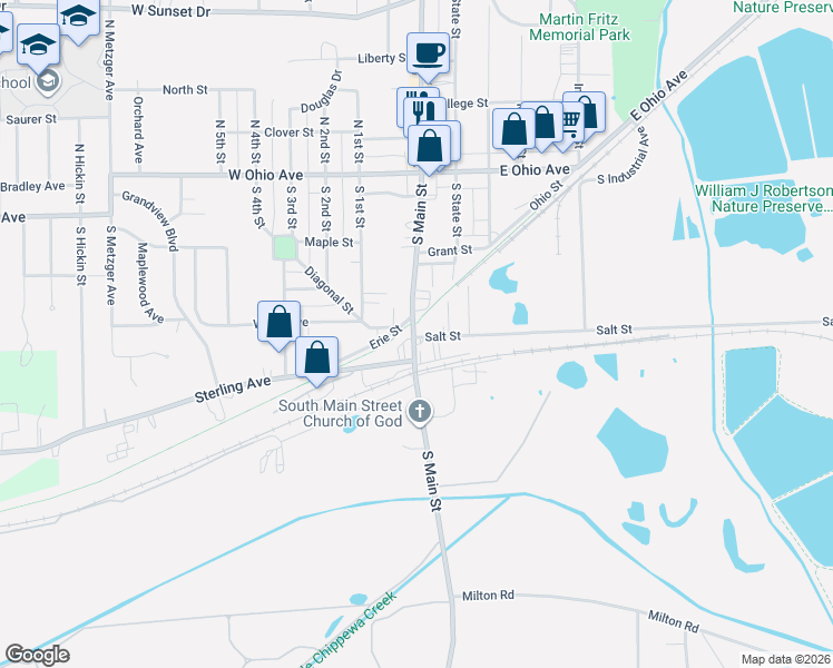 map of restaurants, bars, coffee shops, grocery stores, and more near 9 Salt Street in Rittman