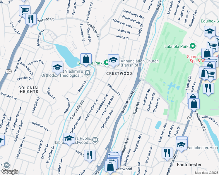 map of restaurants, bars, coffee shops, grocery stores, and more near 288 Hollywood Avenue in Yonkers
