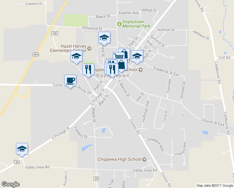 map of restaurants, bars, coffee shops, grocery stores, and more near 105 East Clinton Street in Doylestown